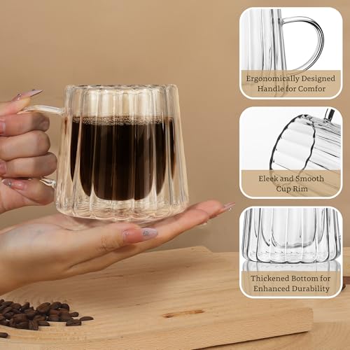 Joeyan Double Walled Glass Coffee Mugs,Latte Cappuccino Tea Cups with Handle,Insulated Borosilicate Espresso Shot Cups,Glass Milk Creamer Pitcher Frothing Cup Hot Beverage Glassware,8.5 oz,Set of 2 - color: 8.5 oz Double Walled Glass Coffee Mugs