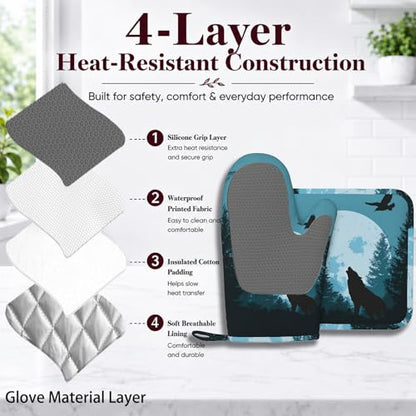Wolves Howling in Night Heat-Resistant Oven Mitts and Pot Holder Full Moon Kitchen Non-Slip Silicone Cooking Microwave Gloves for Cooking Baking Grilling - color: Wolves Howling in Night