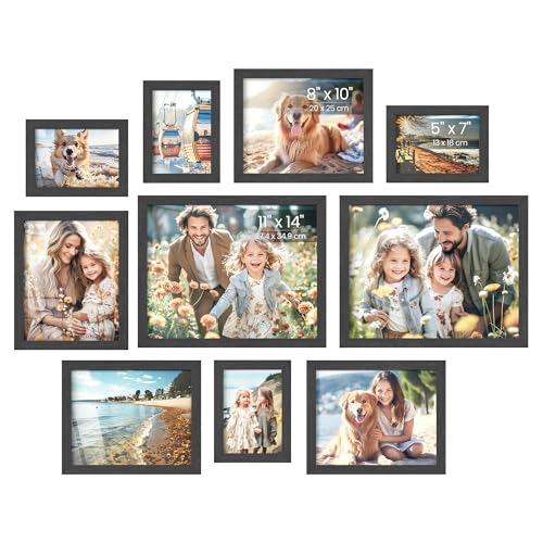 SONGMICS Picture Frames, Collage Picture Frames Set of 10, Two 11x14, Four 8x10, Four 5x7, Photo Frame for Wall Gallery Decor, Table Display, Glass, Ink Black URPF110B01 - color: Ink Black, size: 5x7" & 8x10" & 11x14"
