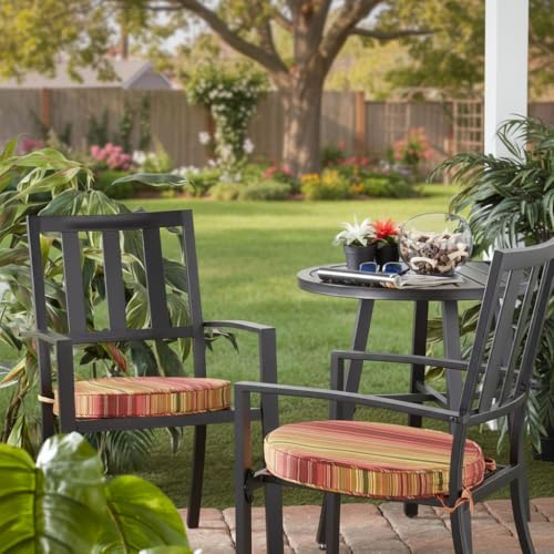 Greendale Home Fashions Set of 2 Outdoor 18 inch Round Patio Dining Chair Pads – Comfortable Fiber-Filled Seat Cushions with Ties, Reversible Polyester Fabric, Kinnabari Stripe - color: Kinnabari Stripe