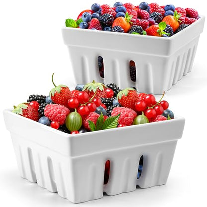 MIAMIO - Ceramic Berry Basket Set of 2, Decorative Fruit Bowl Set for Berries, Fruits and Vegetables, Kitchen Storage Bowls for Strawberries, Blueberries, Snacks and Serving