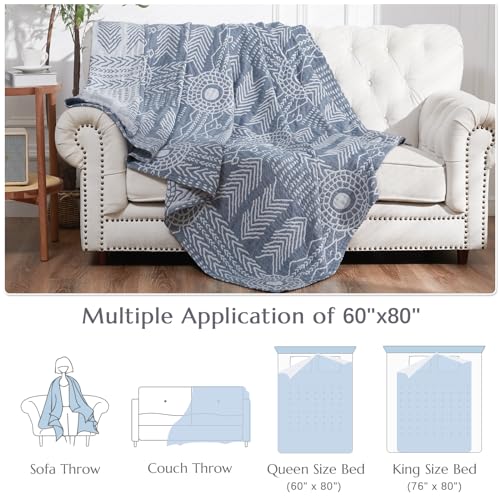 jinchan 100% Cotton Muslin Blanket Twin Boho Throw Blanket 60x80 Blue Gray | 3-Layer, Tribal Geometric Quilt, Cooling Breathable Lightweight, for Adult, Soft, Reversible, Couch, Sofa, Bedroom, Coverlet - color: A. Boho Blue, size: 60"x80"