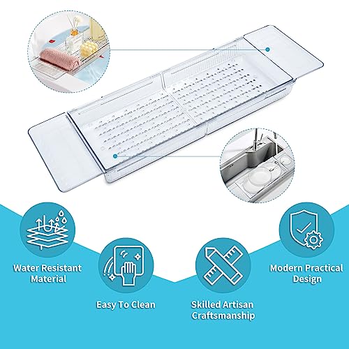 Expandable Bathtub Tray, Adjustable Bathtub Caddy Tray Bathtub Caddy for Luxury Bath, Multifunctional Bathtub Storage Rack for Book Wine Glasses Phone Bath Products, with Anti-Slip mat - color: Transparent