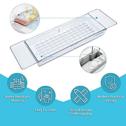 Expandable Bathtub Tray, Adjustable Bathtub Caddy Tray Bathtub Caddy for Luxury Bath, Multifunctional Bathtub Storage Rack for Book Wine Glasses Phone Bath Products, with Anti-Slip mat - color: Transparent