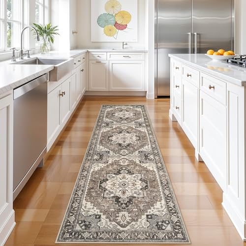 2x8 Washable Hallway Runner Rug - Non-Slip Kitchen Rugs Low Pile Entryway Runners Vintage Soft Carpet Thin Lightweight Indoor Home Decor Floor Mat for Bathroom Laundry Room Bedroom(Beige,2x8) - color: Beige, size: 2x8
