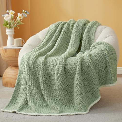Snuggle Sac Ultra Soft Waffle Throw Blanket for Couch Bed Sofa 50x60 inches, Reversible Sage Green Blanket Microfiber Fluffy Fuzzy Cozy Knit Throws for Women Mothers Birthday Gifts - color: Waffle Sage Green, size: Throw(50"x60")