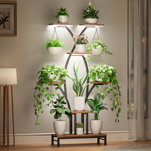 Plant Stand Indoor with Grow Lights - 7 Tiered Metal Corner Shelf for Multiple Plants, 63" Corner Plant Stand for Indoor Plants, X-Shaped Plant Rack for Home, Living Room, Office & Patio Decor - color: Brown