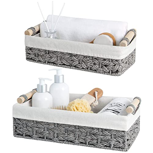 StorageWorks Storage Basket for Organizing, Small Wicker Baskets with Natural Fiber Liner, Toilet Paper Storage Basket for Countertop, Toilet Tank Top, Grey, Set of 2 - color: Grey, size: 12"L x 7¾"W x 3¼"H + 10¼"L x 6"W x 2¼"H