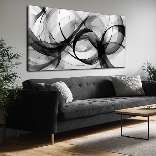 Black and White Abstract Canvas Wall Art Swirl Curved Prints 29x58 In | Large Minimalist Artwork,Living Room,Bedroom Home Office Decor, Framed, Easy to hang,Modern Decor,Gift - color: white, size: 29"L x 58"W
