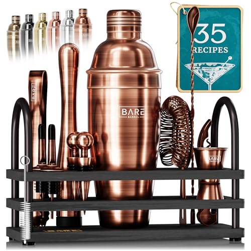 BARE BARREL® Mixology Bartender Kit Bar Set | 14-Piece Cocktail Shaker Set | Martini Barware Mixing Tools for Home Bartending | 35 Recipe Cards | Gift Set (24oz Cobbler Shaker, Copper/Black) - color: Copper/Black