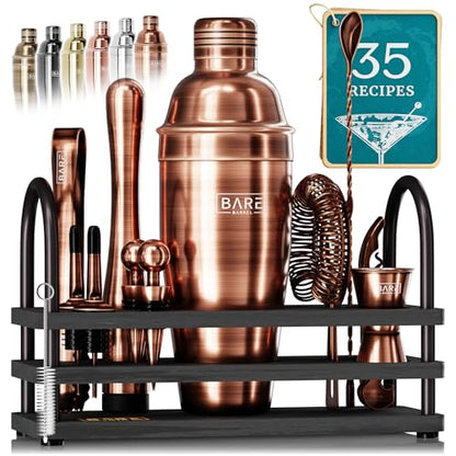 BARE BARREL® Mixology Bartender Kit Bar Set | 14-Piece Cocktail Shaker Set | Martini Barware Mixing Tools for Home Bartending | 35 Recipe Cards | Gift Set (24oz Cobbler Shaker, Copper/Black) - color: Copper/Black