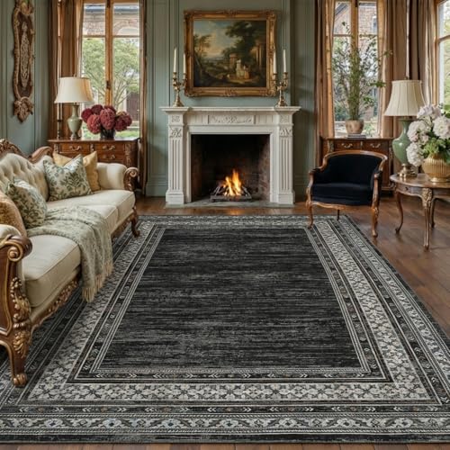 Modern Solid Area Rug 5x7 Washable Non Slip Neutral Rugs for Living Room, Non-Shedding Stain Resistant Bordered Throw Carpet, Neutral Foldable Floor Rugs for Bedroom Dining Table, Black | Non Slip Neutral Border Non Shedding Stain Resistant Low Pile Folda