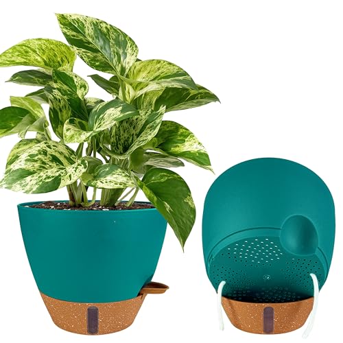 2 Pack 10 inch Plant Pots, Plastic Self Watering Planters | Drainage Holes, Deep Reservoir, Water Level Indicator, Modern Decorative Flower Pots for Indoor Outdoor Plants, Turquoise - color: Turquoise, size: 10 inches