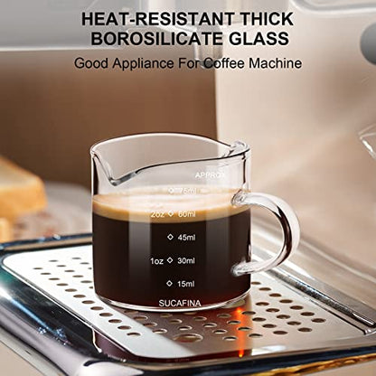PARACITY Espresso Measuring Cup, 2.5 oz Double Spout Glass with Handle | Borosilicate body has dual scales and a V-shaped mouth for precise pouring while measuring espresso shots and coffee drinks - size: 2.5 Ounces