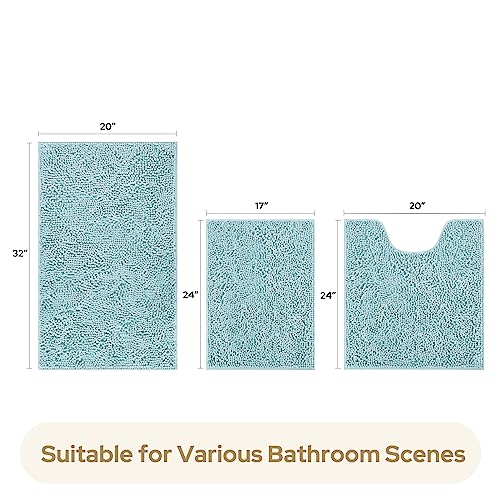 HOMEIDEAS 3 Pieces Bathroom Rugs, Ultra Soft Non Slip Absorbent Chenille Toilet Bath Mat Set (Light Blue) - color: Blue-light Blue, size: 17"x24"+20"x32"+U Shape 20"x24"