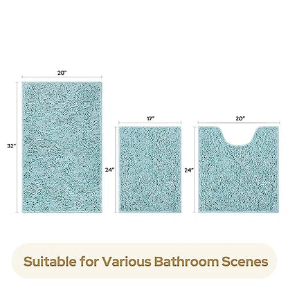 HOMEIDEAS 3 Pieces Bathroom Rugs, Ultra Soft Non Slip Absorbent Chenille Toilet Bath Mat Set (Light Blue) - color: Blue-light Blue, size: 17"x24"+20"x32"+U Shape 20"x24"