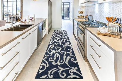 Hallway Runner Rug Non Slip Rubber Backing, 26 inch x 6 ft, Scroll, Blue, Heavy Duty Berber Style Carpet Runner for Entryway, Kitchen, Bathroom, Bedroom, Laundry Room. - color: Scroll Blue, size: 6 Foot Long Runner Rug