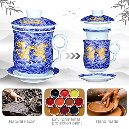 Chinese Tea Cup with Lid, Infuser and Saucer, Blue, 11.8 fl oz (350ml) | 3-in-1 Jingdezhen ceramic tea cup with removable infuser, lid and saucer, ideal for tea at home, the office or as a gift - color: Blue