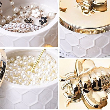 Ceramics Jewelry Box w/Accessories Organizer Storage Tank Container (Bee Lid)