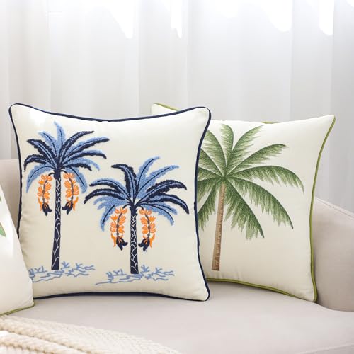 Embroidered Throw Pillow Covers 18x18 Pack of 2 Blue Palm Tree | Ocean-Themed,Durable Fabric,Square Pillow Cover,Boho Decorative,Hidden Zipper,Aesthetic Design,Ideal Gift,Machine Washable - color: Blue Palm Tree