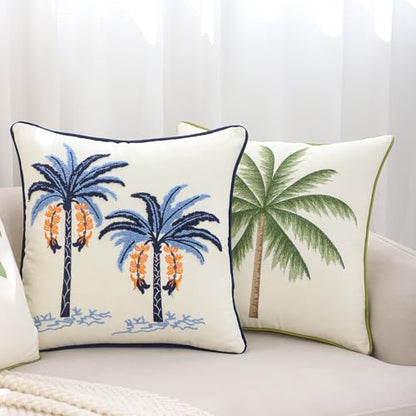 Embroidered Throw Pillow Covers 18x18 Pack of 2 Blue Palm Tree | Ocean-Themed,Durable Fabric,Square Pillow Cover,Boho Decorative,Hidden Zipper,Aesthetic Design,Ideal Gift,Machine Washable - color: Blue Palm Tree