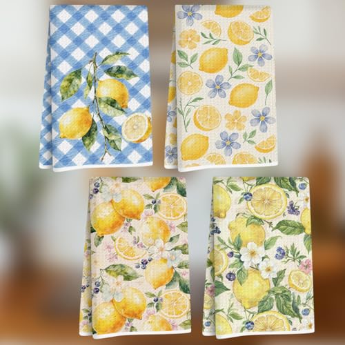 4 Pcs Lemon Kitchen Towels Set 24x14 Inch, Lemons Floral Reusable Quick Dry Microfiber Dish Towels, Waffle Hand Towel for Kitchen Bathroom Farmhouse Home Decor, Lemon Decor Gifts for Women Friend - color: Lcs Multicolor 02516