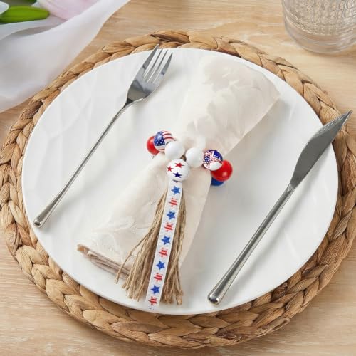 4th of July Wooden Bead Napkin Rings, Patriotic US Flag Star Striped Tassel Napkin Holders, Red White Blue Independence Day Table Decor for Memorial Day Labor Day BBQ Party, Set of 8 Napkin Holders