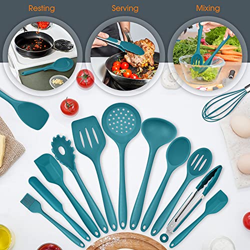 Teal Blue Kitchen Utensils Set, E-far 15-Piece Silicone Cooking Utensils with Holder, Non-stick Cookware Friendly & Heat Resistant, Includes Ladle Spatula Spoon Slotted Turner for Cooking & Baking - color: Teal Blue