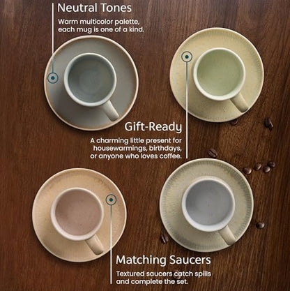 KooK Espresso Mug and Saucer Set, Ceramic Cups and Plates with Rustic Organic Shape and Feathered Texture, Dishwasher and Microwave Safe, 2.7 oz, Set of 4, Neutral Multicolor (2.7 Oz) - size: 2.7 Oz