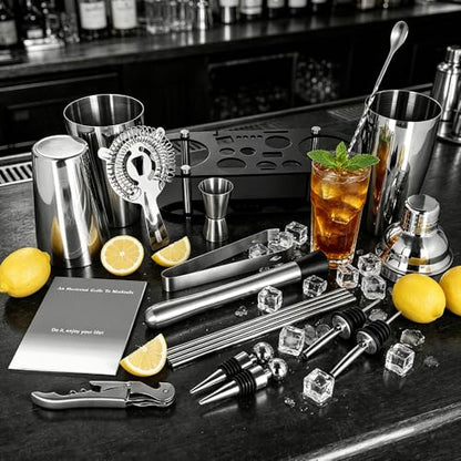 17Pcs Cocktail Shaker Set 750ml, 750/600ml Bartending Kit 25oz, 25/20oz Bar Shakers Tools Bartender Kit with Recipe Book Black Stand