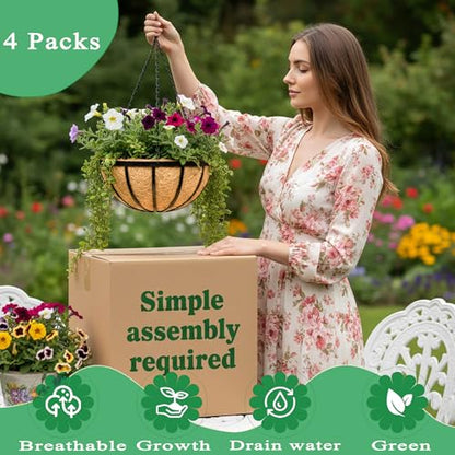 4 Pack 12 Inch Hanging Planters for Outdoor Plants Metal Hanging Planter Basket with Coco Coir Liner Round Plant Black Flat Iron Metal Flower Pots for Deck Patio Porch Garden Balcony - size: 12 Inch