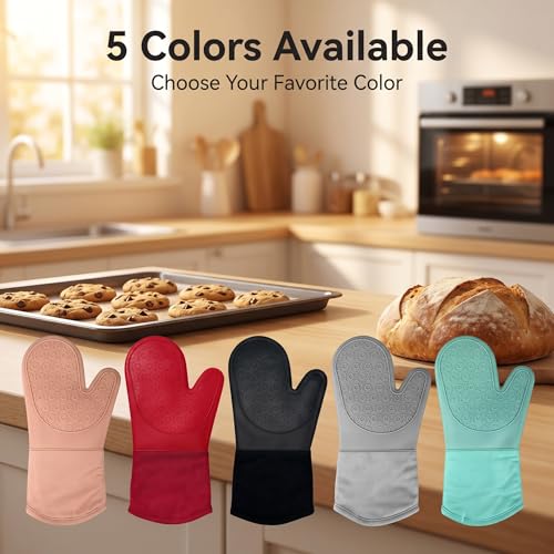 Silicone Oven Mitts 2-Pack, 13.5"x7.28" Heat Resistant 500°F, Non-Slip BPA-Free with Soft Cotton Lining, Kitchen Gloves for Baking, Cooking, BBQ & Grilling (Black) - color: Black