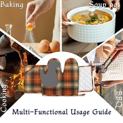 Brown Buffalo Plaid Oven Mitts and Pot Holders Retro Check Silicone Kitchen Accessories Set of 4 Heat Resistant Non-Slip Long Gloves Potholder for Chef Cooking Baking Gifts Women Men - color: Brown Buffalo Plaid,retro Check