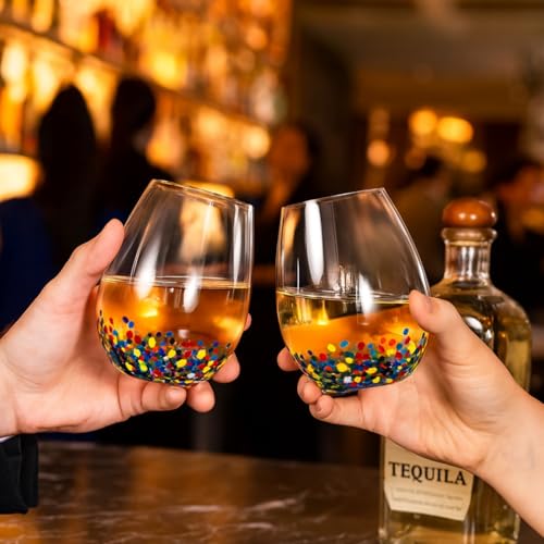 Large Stemless Wine Glasses – Set of 2-14oz Luxury Hand Blown Confetti Margaritas, Martini, Cocktails, Water, Wine, Dessert & Champagne Glasses Cinco de Mayo, Hand Blown - Mexican Confetti Glass - style: Mexican Confetti Wine Glass