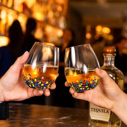Large Stemless Wine Glasses – Set of 2-14oz Luxury Hand Blown Confetti Margaritas, Martini, Cocktails, Water, Wine, Dessert & Champagne Glasses Cinco de Mayo, Hand Blown - Mexican Confetti Glass - style: Mexican Confetti Wine Glass