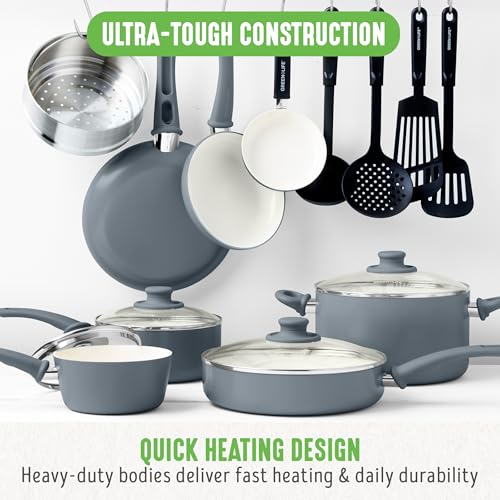 GreenLife 16 Piece Ceramic Nonstick Pots & Pans Cookware Set, Gray | PFAS-Free Nonstick Coating, Stockpot, Frying Pans, Saucepans, Sauté Pan, Stay-Cool Handles, Dishwasher & Oven Safe up to 350F - color: Gray, style: Soft Grip