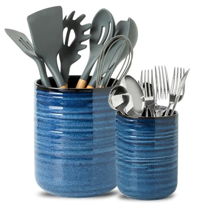 HASENSE Ceramic Utensil Holder Set of 2 (7.4"+5.5"), Modern Farmhouse Kitchen Utensil Crocks for Countertop, Blue Kitchen Tool Organizer for Spatulas, Whisks, Tongs & Cooking Tools - color: Navy Blue(2 pcs)