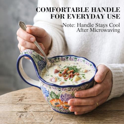ALMA 16oz Soup Bowl with Large Handle,Microwave Safe, Gift for Women | Handpainted,Oven Safe,Perfect for larger servings of cappuccino,Love Slow Morning Coffee Rituals,BPA-free & lead-free glaze - color: Meadow Elegy