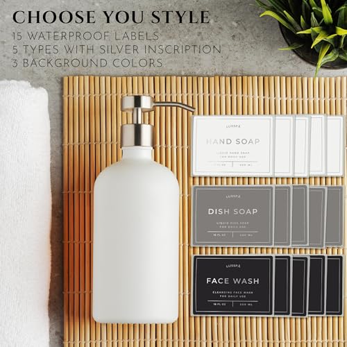 Glass Soap Dispenser Set of 2 (White) with Silicone Tray | Hand and Dish Soap Dispenser for Kitchen and Bathroom | 16.8 Oz Glass Bottles with Stainless Steel Pump & 15 Waterproof Labels (White/Silver) - color: White/Silver