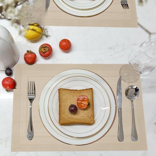 Placemats Set of 6, Heat Resistant Place Mats, Washable PVC Table Mats, Woven Vinyl Placemats, Non-Slip Stain Resistan Plastic Placemats for Table (Beige, 6) - color: Beige