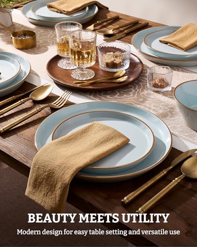 Famiware Saturn Dinnerware Sets, Ceramic Dishes for 4, Rimmed Plates, Bowls | Light Blue, 12-Piece Microwave and Dishwasher Safe Stoneware, Chip & Scratch Resistant, Modern Rustic Tableware, Everyday Use - color: Light Blue, size: 12