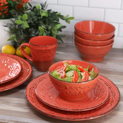 Elama Malibu Jasper 16-Piece Stoneware Embossed Pattern Reactive Glaze Orange Dinnerware Set, Tableware, Serveware Set (Jasper Orange) - color: Jasper Orange