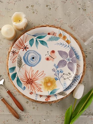 Bico Blossom Symphony Salad Plates Set of 4, 8.75 Inch Ceramic Dessert Plates for Salad, Appetizer, Side Dishes, Microwave and Dishwasher Safe, Gift for Housewarming and Thanksgiving - color: Blossom Symphony