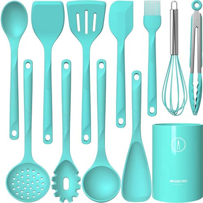 Silicone Cooking Utensils Set - 600°F Heat Resistant, Nonstick Kitchen Utensil Set with Spatulas, Spoons, Whisk, Tongs, BPA Free, Dishwasher Safe (Teal) - color: Teal