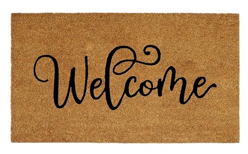 Croft&Cane Welcome Coir Doormat - 17x30 inches Durable Non-Slip Door Mat | Natural Coco Coir Doormat - Low Profile Vinyl Backed Dirt Trapping Front Door Mat- Heavy-Duty Indoor Outdoor Mat Entryway Rug - color: Welcome - Natural, size: 1'5" x 2'6" (Rectang