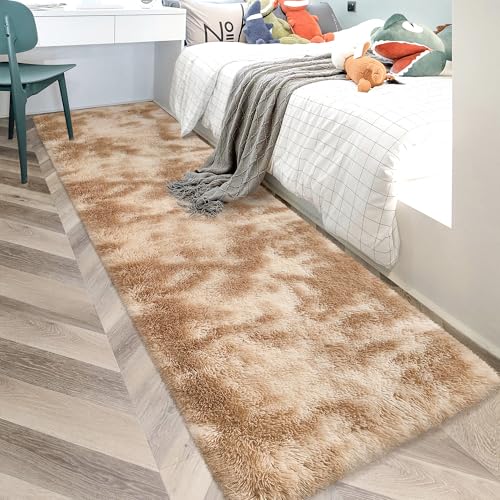 Super Soft Fluffy Living Room Area Rugs 2x10 ft Tie-Dyed Beige Shaggy Furry Carpet Washable Non-Slip Floor Rug Bedroom Bedside Nursery Rug Fuzzy Girls Boy Reduce Noise Dorm Home Decor - color: Tie-dyed Beige, size: 2' x 10' (Runner)