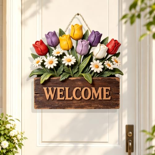 Wooden Welcome Sign for Outdoor, 7.08in Farmhouse Hanging Decor/MP-90 | Floral Design Plaque，Rope Hanging，Garden Ornament，Entryway Wall Decoration - color: MP-90