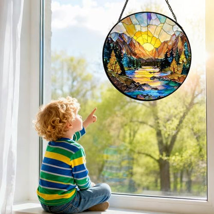Stained Glass Window Hanging, Sunset Mountains Lake Tree Stained Glass Sun Catcher, Window Decor Scenery Lover Gift for Women, Couples, Best Friend, Family, Colleague, Classmate 7.8 Inch