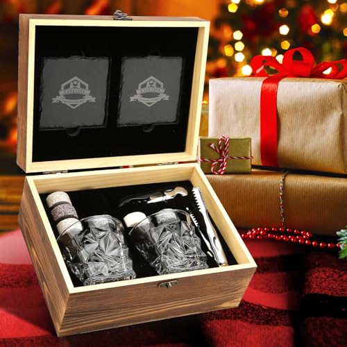 Whiskey Stones Gift Set, 2 Large Crystal Whiskey Glasses in Wood Gifts Box | 6 Granite Scotch Chilling Rocks, Tongs & Velvet Pouch, Best Gifts for Men Dad Husband Him Christmas Birthday Holiday Present - style: Diamond Glasses+Round Stones