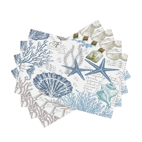Nautical Placemats Set of 4,Summer Starfish Beach Theme Ocean Seashell,Blue Coastal Linen Fabric Table Mats for Home Kitchen Dining Party Decor 4 PCS - color: Blue Starfish, size: 12"X18"|4 PCS